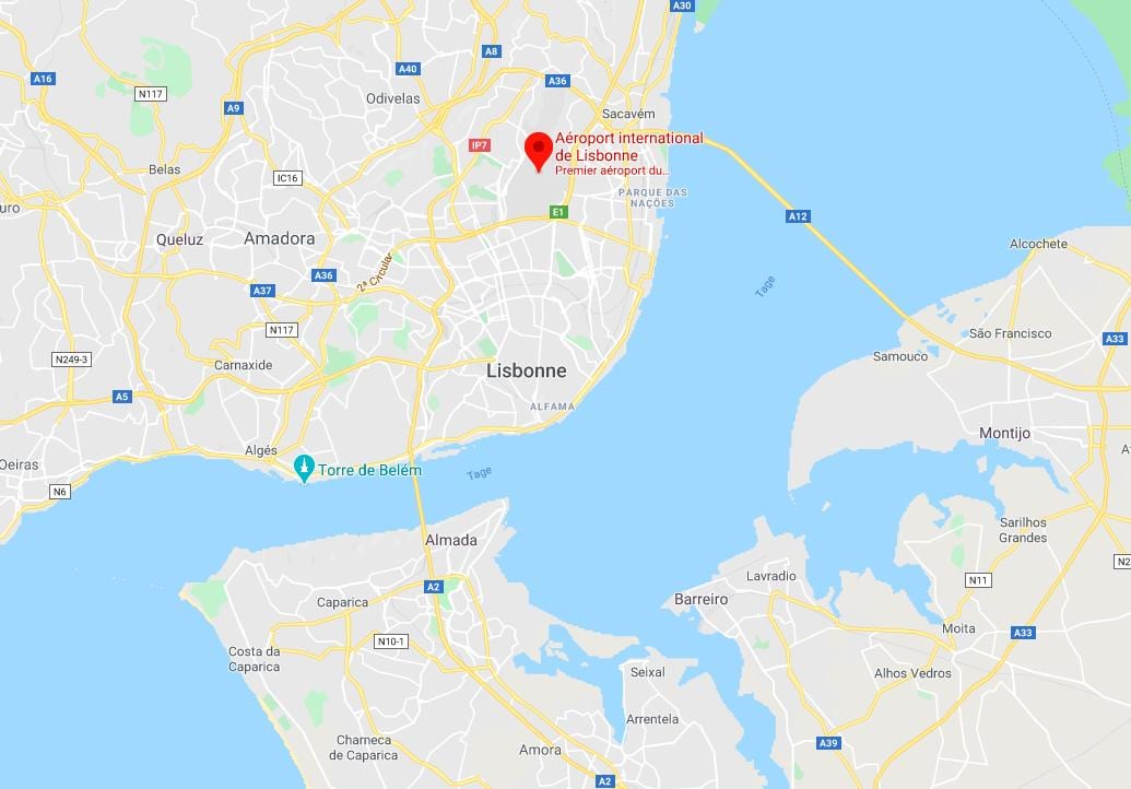 里斯本的机场位置的地图